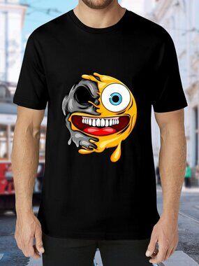 Men's Black Short Sleeve Graphic Tee with Yellow Dripping Smile Design